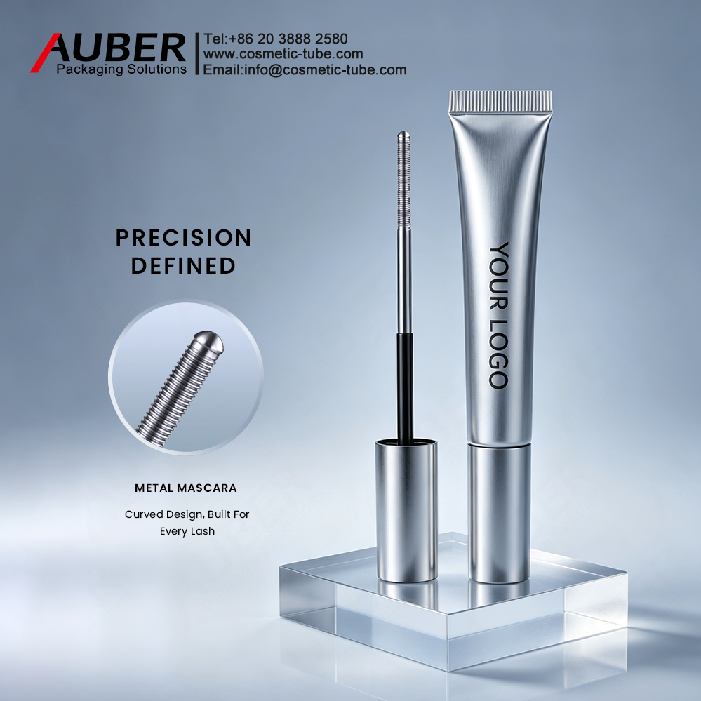 metal mascara tube with precision curved applicator