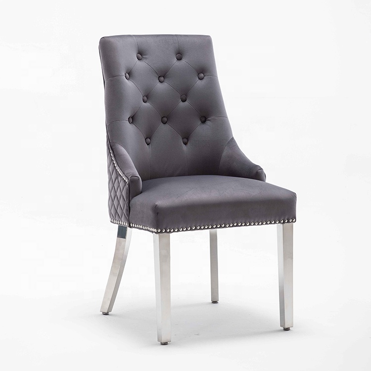 UK Style Modern grey Velvet Fabric With X Line High Back Lion knocked Dining Chair With 4 Stainless Steel Leg Footrest