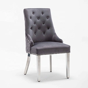 UK Style Modern grey Velvet Fabric With X Line High Back Lion knocked Dining Chair With 4 Stainless Steel Leg Footrest