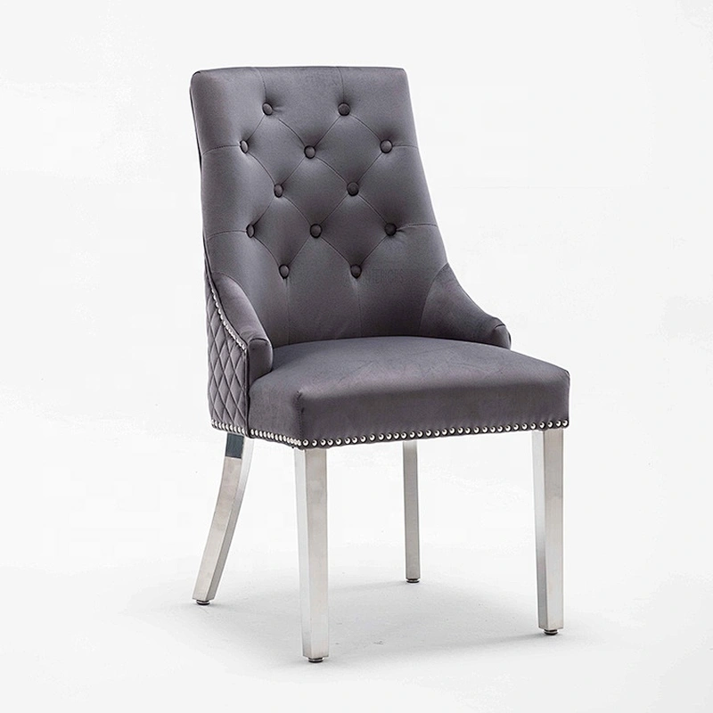 UK Style Modern grey Velvet Fabric With X Line High Back Lion knocked Dining Chair With 4 Stainless Steel Leg Footrest