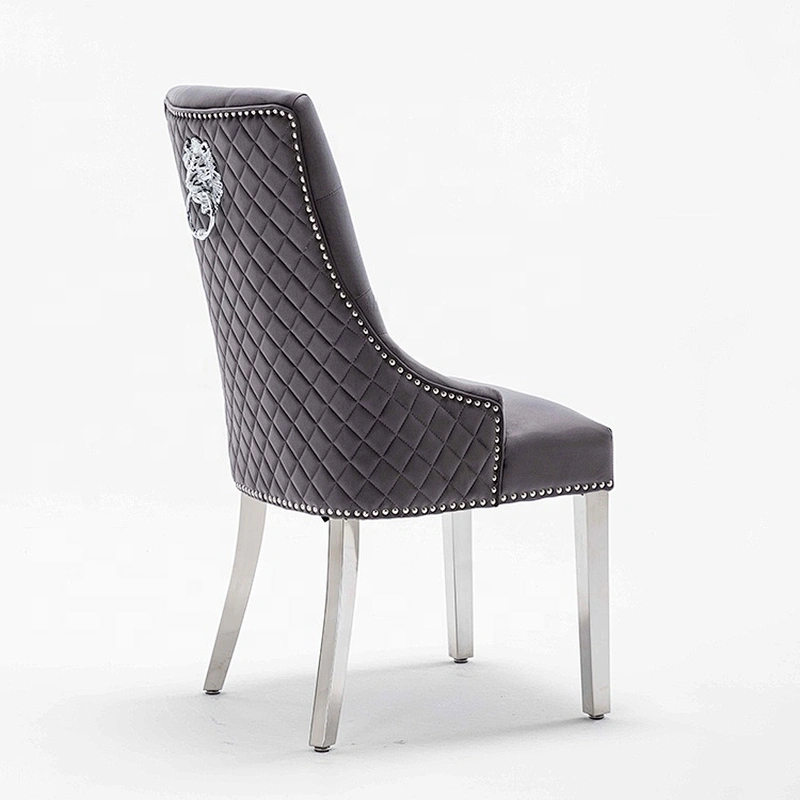 UK Style Modern grey Velvet Fabric With X Line High Back Lion knocked Dining Chair With 4 Stainless Steel Leg Footrest
