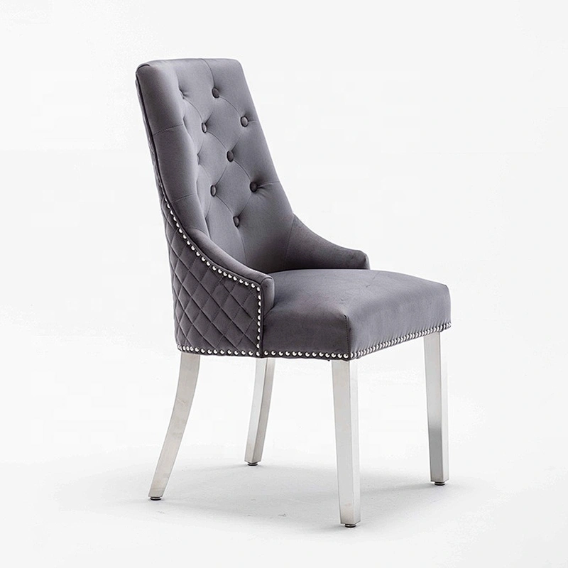 UK Style Modern grey Velvet Fabric With X Line High Back Lion knocked Dining Chair With 4 Stainless Steel Leg Footrest