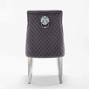 UK Style Modern grey Velvet Fabric With X Line High Back Lion knocked Dining Chair With 4 Stainless Steel Leg Footrest