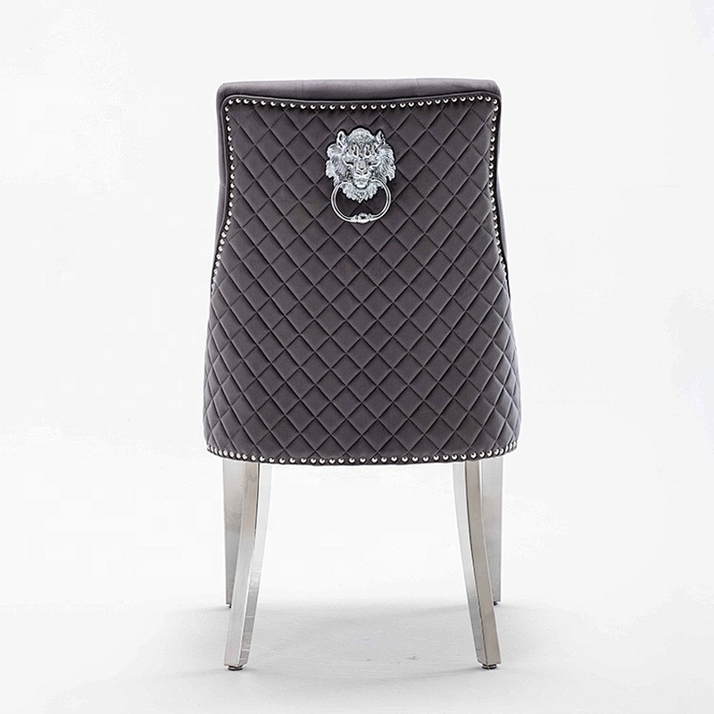 UK Style Modern grey Velvet Fabric With X Line High Back Lion knocked Dining Chair With 4 Stainless Steel Leg Footrest