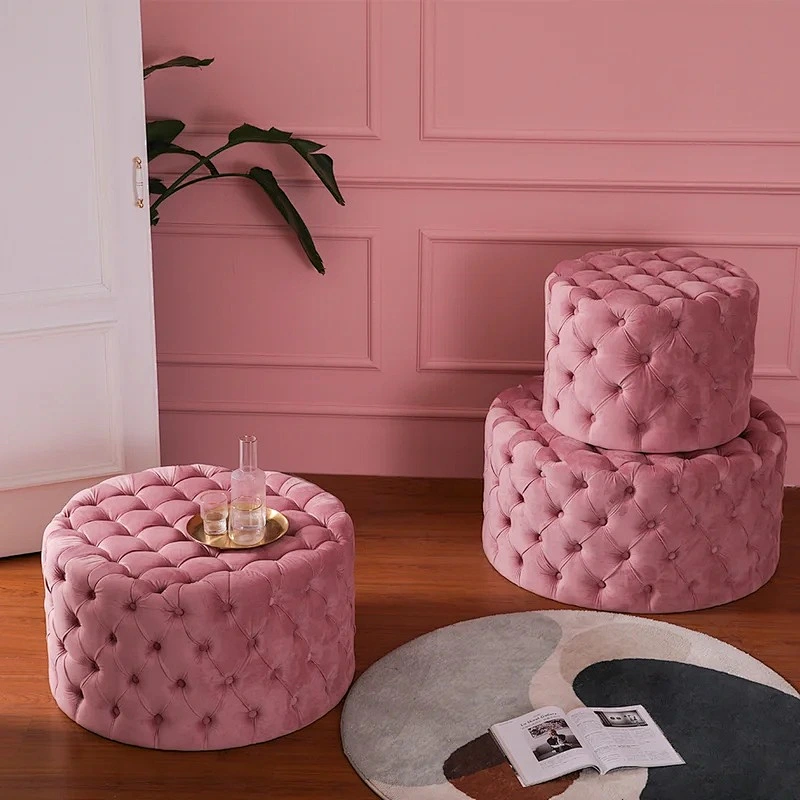 Tufted round modern velvet ottoman foot stool