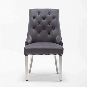 UK Style Modern grey Velvet Fabric With X Line High Back Lion knocked Dining Chair With 4 Stainless Steel Leg Footrest