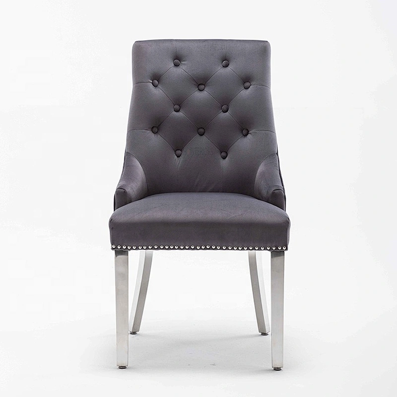 UK Style Modern grey Velvet Fabric With X Line High Back Lion knocked Dining Chair With 4 Stainless Steel Leg Footrest