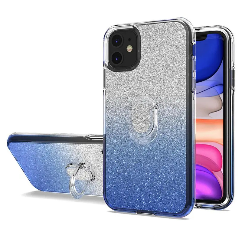 Gradient Colors TPU PC Glitter Paper Ring Holder 4 in 1 Combo Mobile Case for iPhone 11