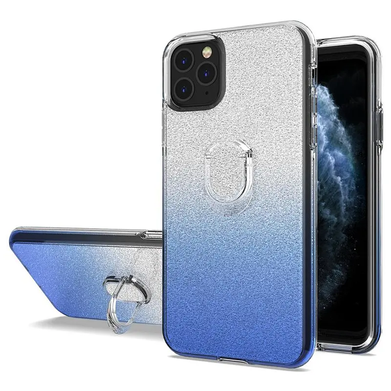 Pure PC Material Clear TPU Glitter Mobile Cover with Rotating Ring Holder for iPhone 11 Pro Max