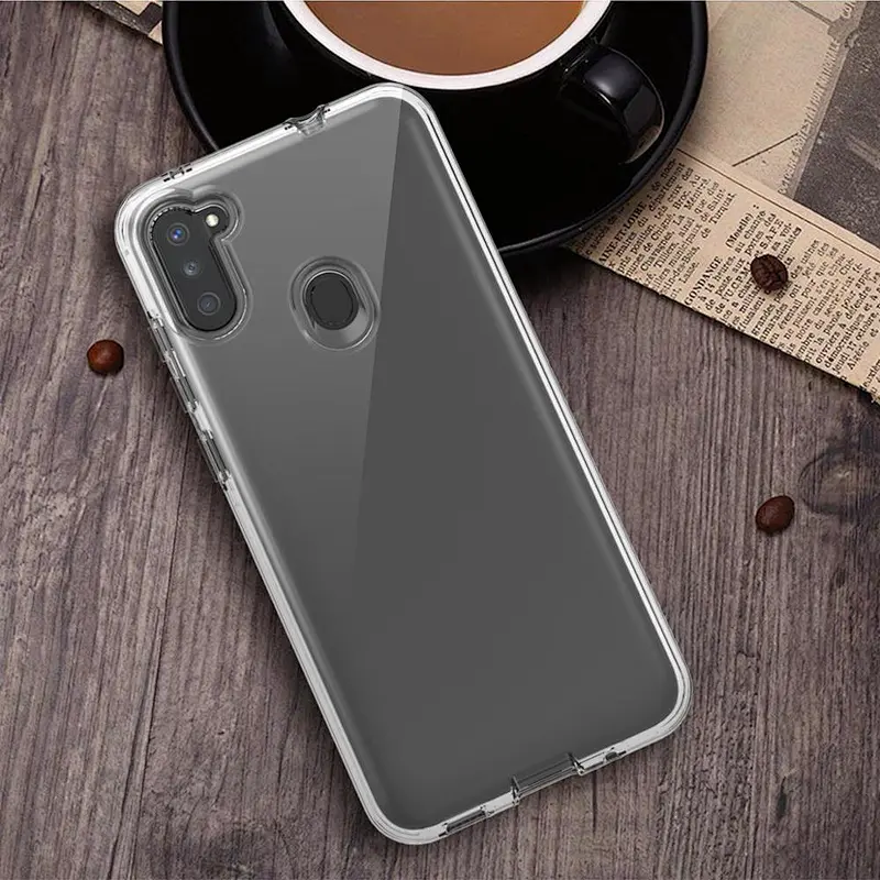 Low MOQ TPU PC material 2 in 1 design HD transparent accessories phone case for Samsung A11