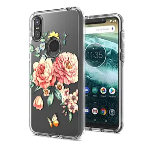 Luxury transparent clear flower printing dual layer shockproof cell phone case for Motorola One/P30 play