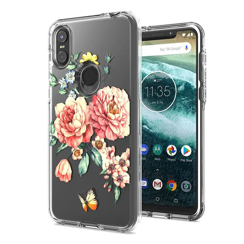 Luxury transparent clear flower printing dual layer shockproof cell phone case for Motorola One/P30 play