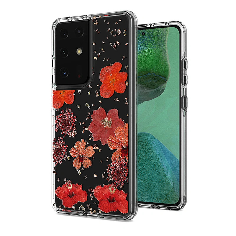 Anti-shock OEM custom clear phone case cover with flowers for Samsung S21 plus cases