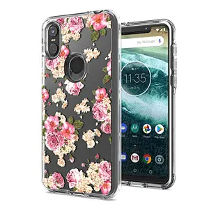Luxury transparent clear flower printing dual layer shockproof cell phone case for Motorola One/P30 play