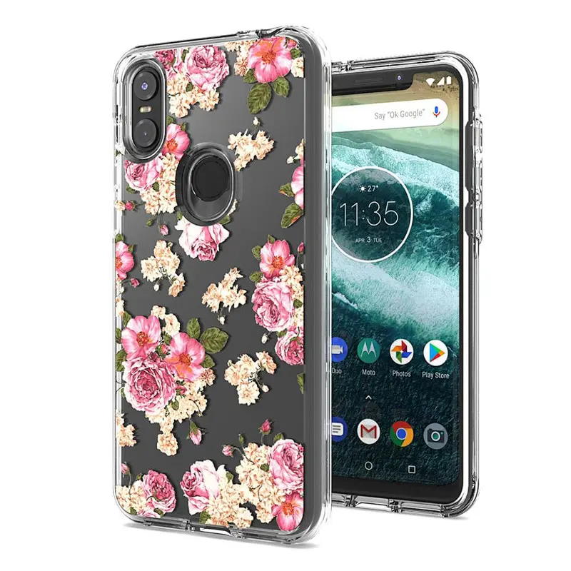 Luxury transparent clear flower printing dual layer shockproof cell phone case for Motorola One/P30 play