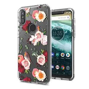 Luxury transparent clear flower printing dual layer shockproof cell phone case for Motorola One/P30 play