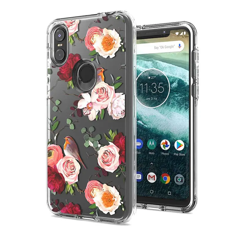 Luxury transparent clear flower printing dual layer shockproof cell phone case for Motorola One/P30 play