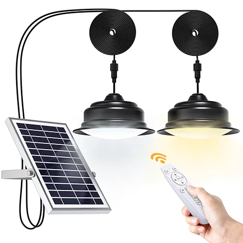 Solar Lights Indoor Outdoor Home  Dual Head Solar Pendant Light with Smart Remote Control Dual Color Switchable Brightness & Timing Adjustable Solar Ceiling Light for Shed Barn Yard Patio Porch
