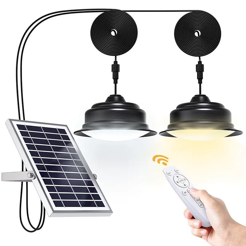 Solar Lights Indoor Outdoor Home  Dual Head Solar Pendant Light with Smart Remote Control Dual Color Switchable Brightness & Timing Adjustable Solar Ceiling Light for Shed Barn Yard Patio Porch