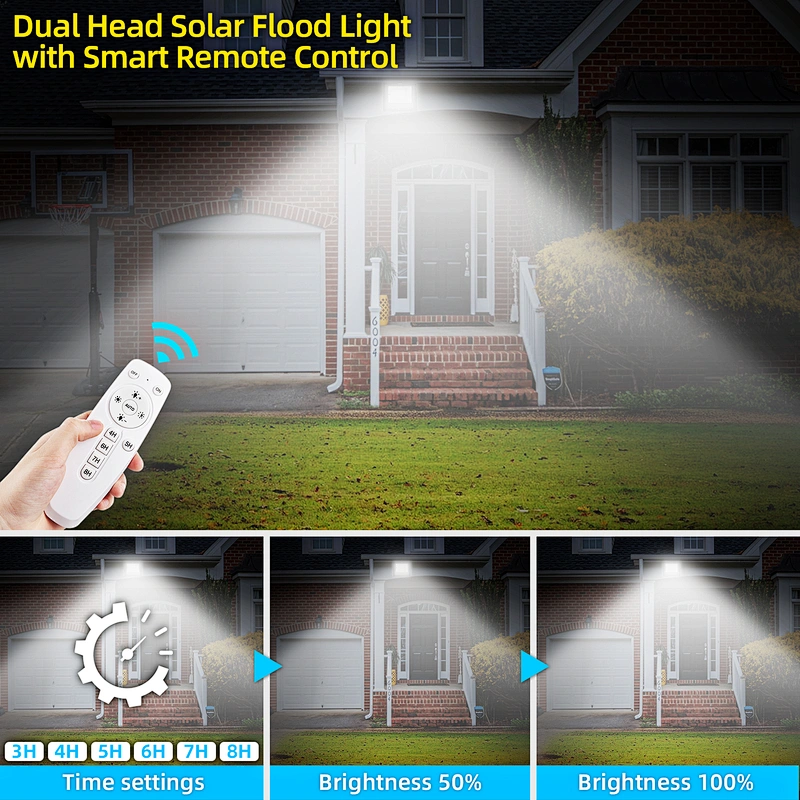 Solar Flood Lights Outdoor Indoor Dusk to Dawn with Smart Remote Control 22W Solar Panel Dual Head 70LED IP65 Waterproof Solar Shed Light for Garden Garage Path Pool Patio Sign Barn Driveway Backyard