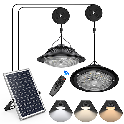 Solar Pendant Lights Motion Sensor, 5 Modes Outdoor Shed Solar Lights Indoor Waterproof, Dimmable Remote & 16Ft Cord for Barn Patio Chicken Coop Gazebo Garage,tricolor