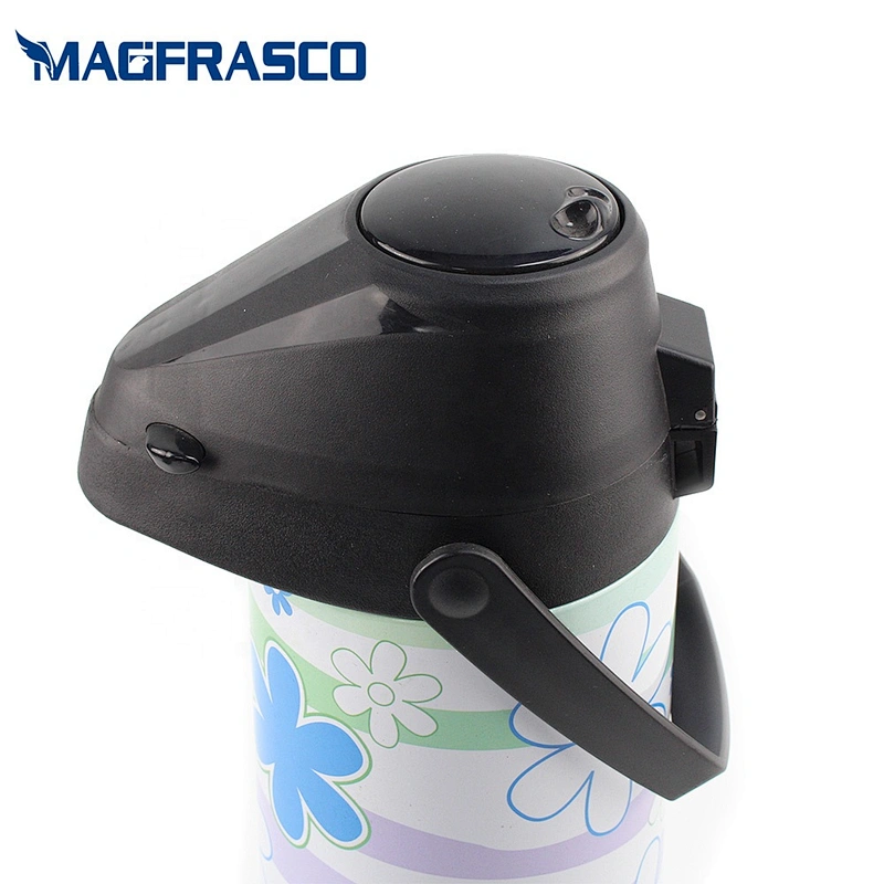 Factory 1.9L Capacity Beautiful Decoration SS Straw Pump Iron Meta Coffeel Airpot with Glass Liner Inner