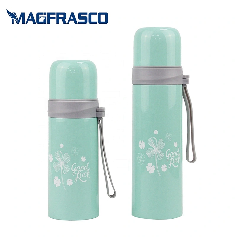 Hot Cold Insulated Double Wall Stainless Steel White Decal Blue Thermos Vacuum Flask with Silicon Handle