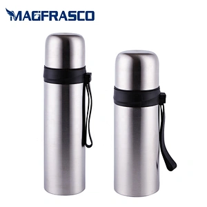 Hot Cold Insulated Double Wall Stainless Steel White Decal Blue Thermos Vacuum Flask with Silicon Handle
