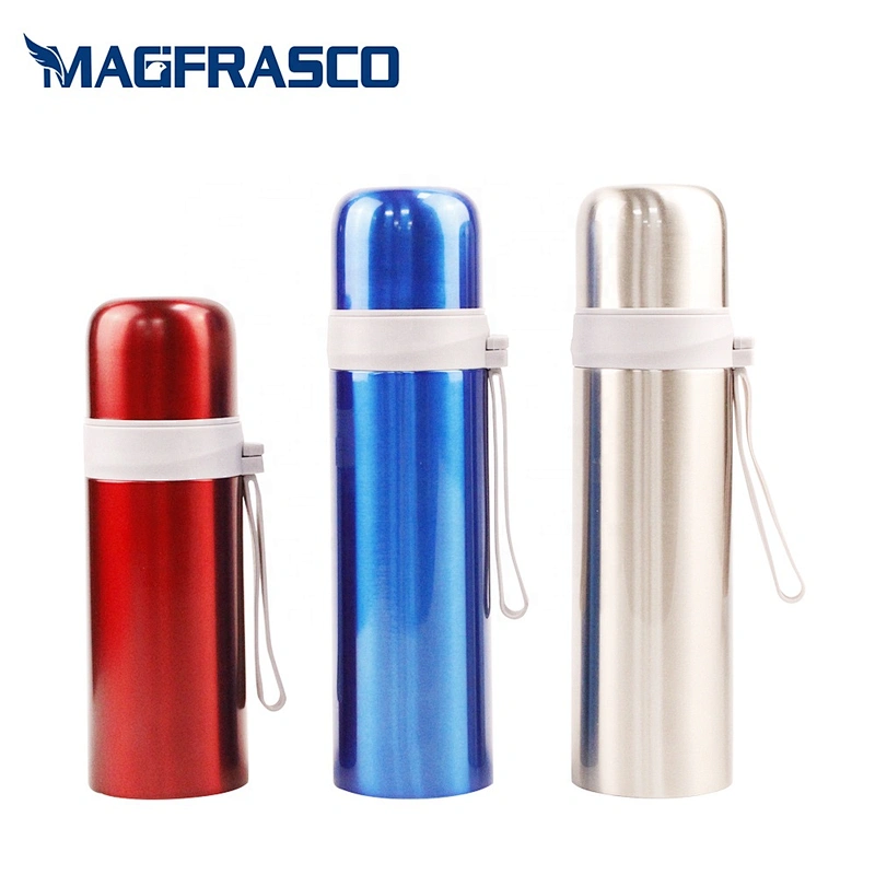Hot Cold Insulated Double Wall Stainless Steel White Decal Blue Thermos Vacuum Flask with Silicon Handle