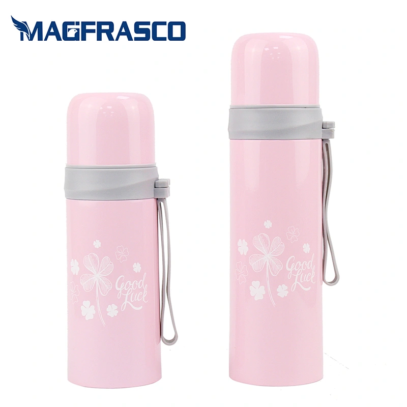 Hot Cold Insulated Double Wall Stainless Steel White Decal Blue Thermos Vacuum Flask with Silicon Handle