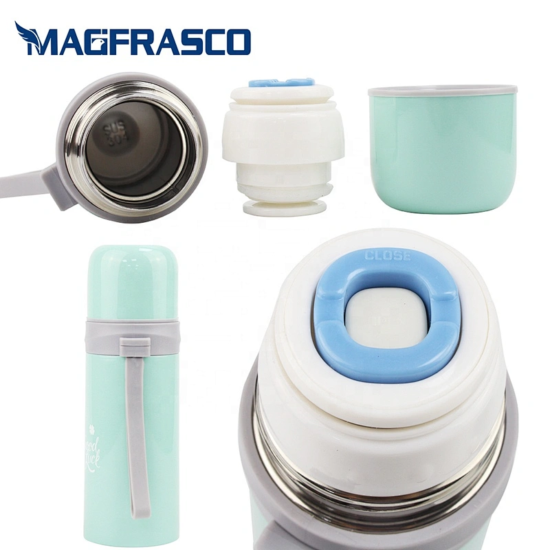 Hot Cold Insulated Double Wall Stainless Steel White Decal Blue Thermos Vacuum Flask with Silicon Handle
