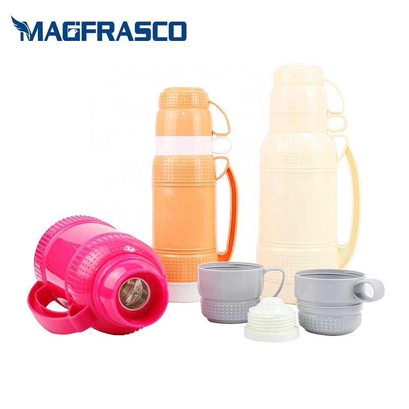 1L 1.8L portable custom logo two cups travel plastic tea water vacuum flask thermos with glass inner