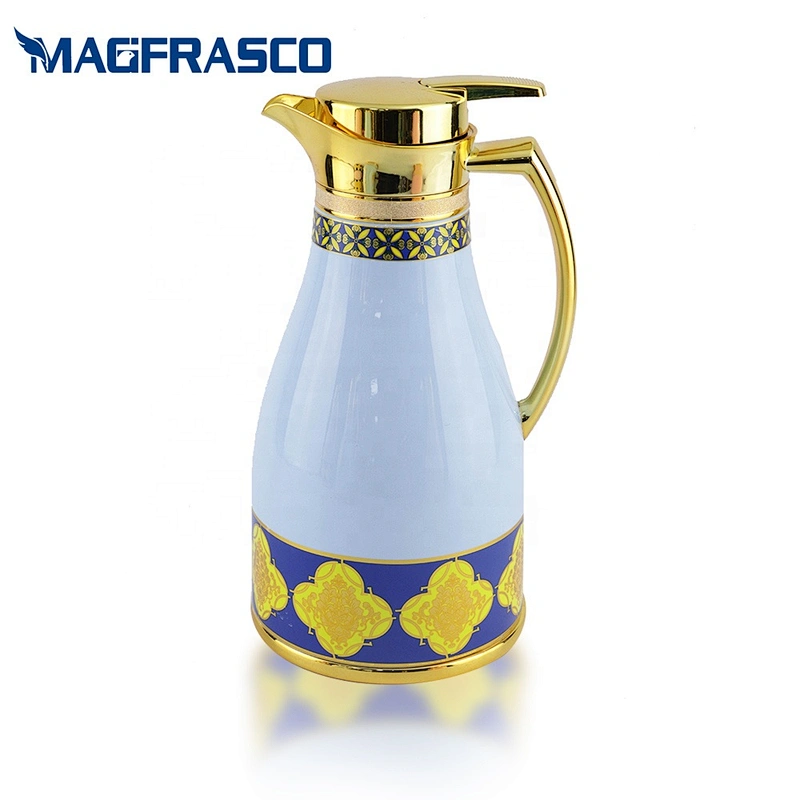 Custom Logo Blue Yellow Turkish Tea Water Hand Press Thermos Vacuum Coffee Pot with Glass Refill
