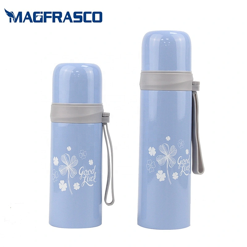 Hot Cold Insulated Double Wall Stainless Steel White Decal Blue Thermos Vacuum Flask with Silicon Handle
