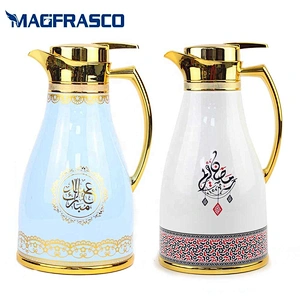Custom Logo Blue Yellow Turkish Tea Water Hand Press Thermos Vacuum Coffee Pot with Glass Refill