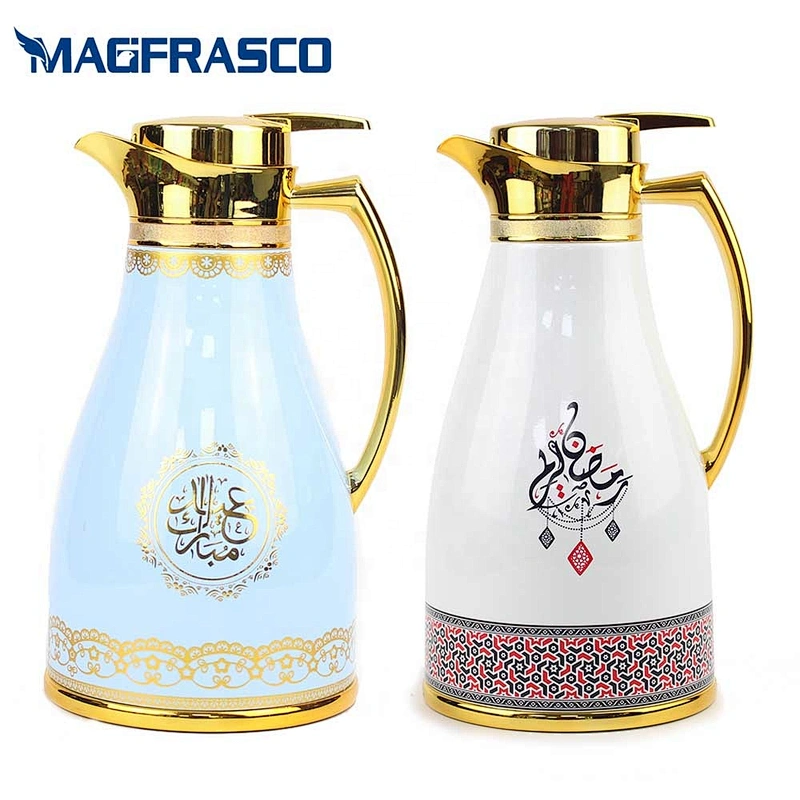 Custom Logo Blue Yellow Turkish Tea Water Hand Press Thermos Vacuum Coffee Pot with Glass Refill