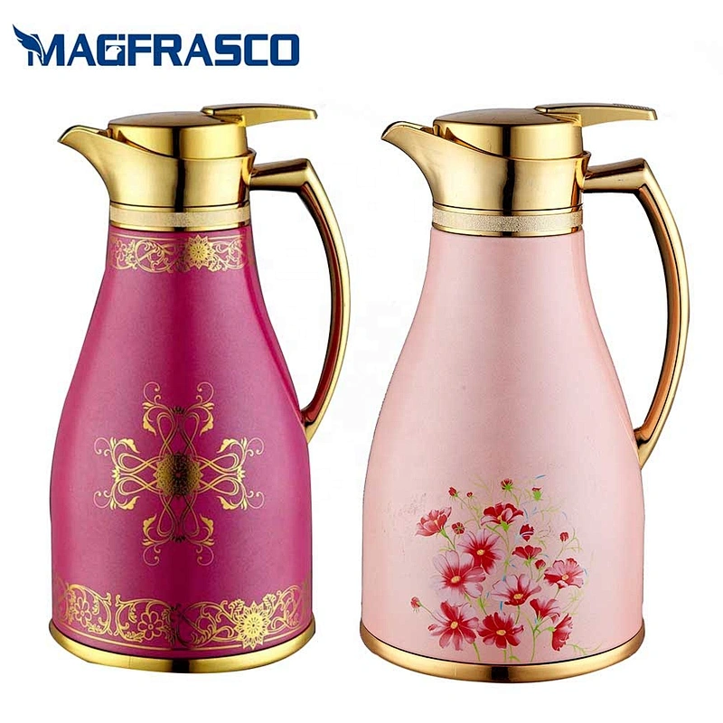 Custom Logo Blue Yellow Turkish Tea Water Hand Press Thermos Vacuum Coffee Pot with Glass Refill