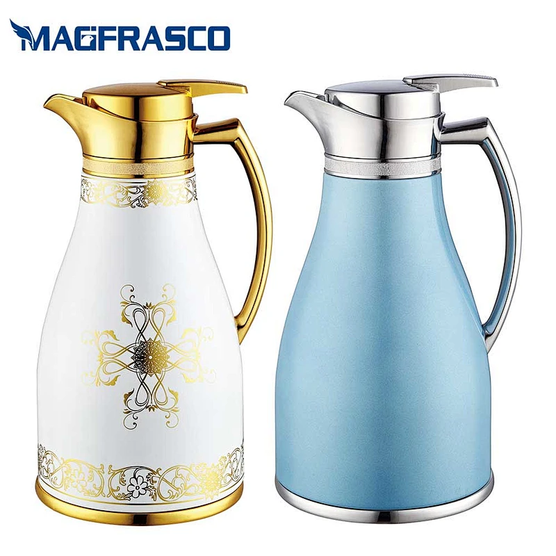 Custom Logo Blue Yellow Turkish Tea Water Hand Press Thermos Vacuum Coffee Pot with Glass Refill