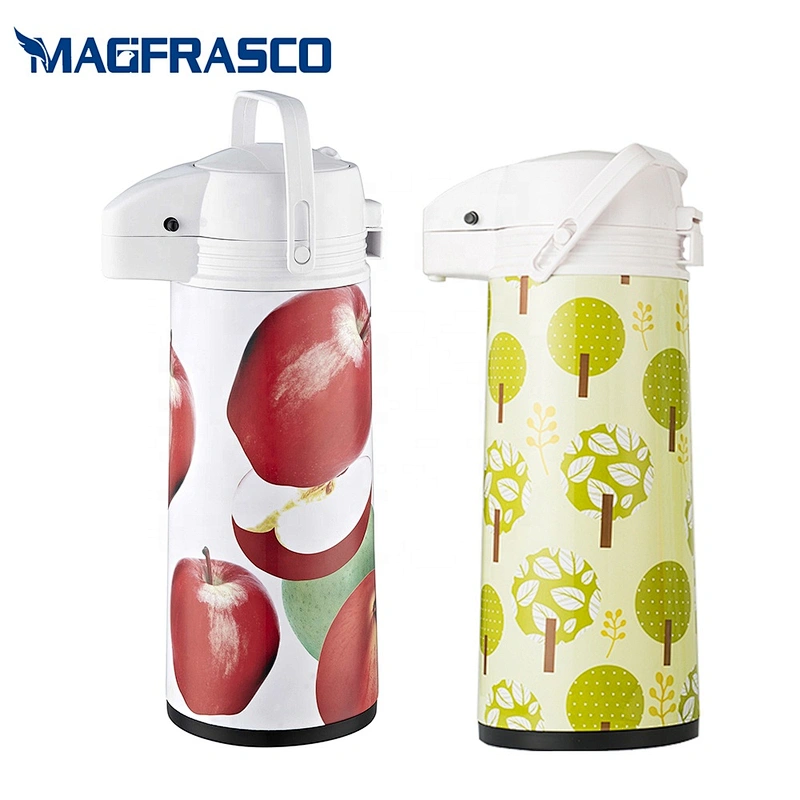 Factory Glass Refill Metal Vacuum Hot Cold Coffee Thermos Pump Flask  AirPot with Decoration Pattern