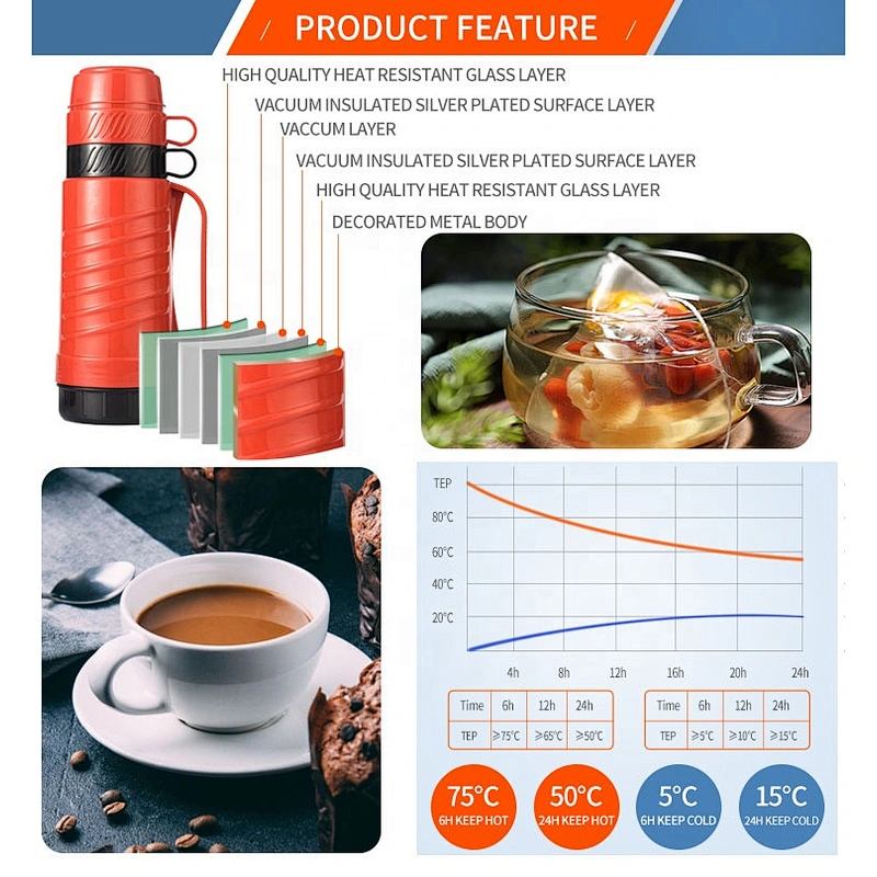 1L 1.8L portable custom logo two cups travel plastic tea water vacuum flask thermos with glass inner
