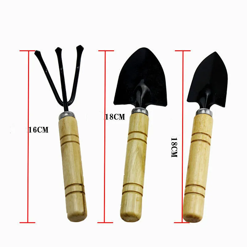 3 Piece Set Mini Garden Tool  for Outdoor Potted Flowers Iron Wood Black