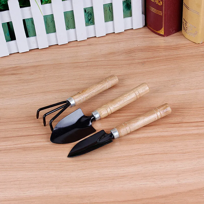 3 Piece Set Mini Garden Tool  for Outdoor Potted Flowers Iron Wood Black