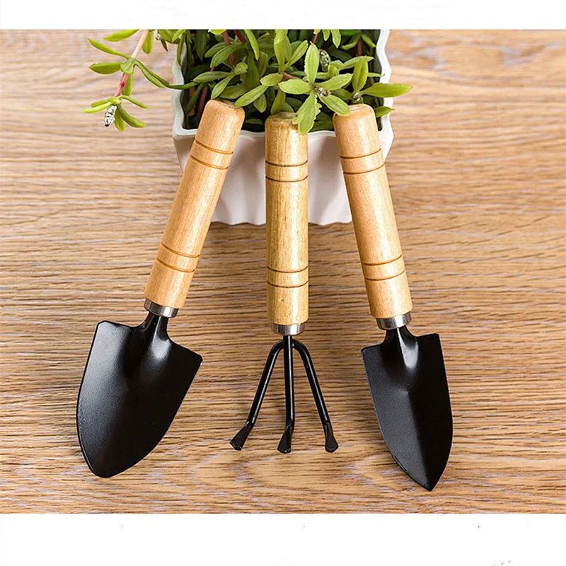 3 Piece Set Mini Garden Tool  for Outdoor Potted Flowers Iron Wood Black