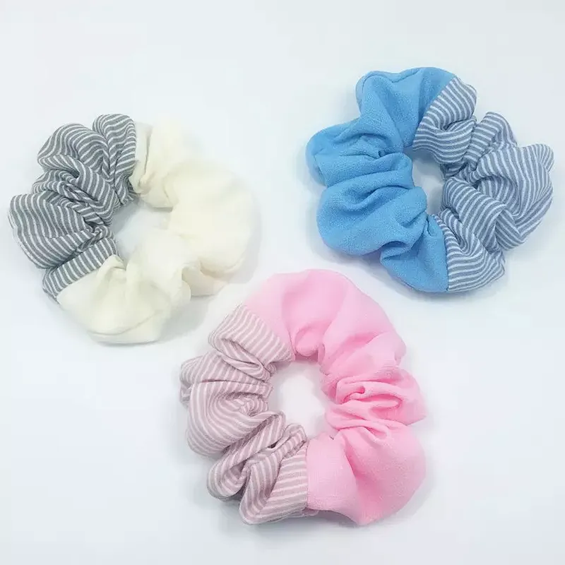 Hot Selling New Striped Plain Color Stitching Hair Ring Summer Chiffon Flower Forest Hair Accessories Scrunchies