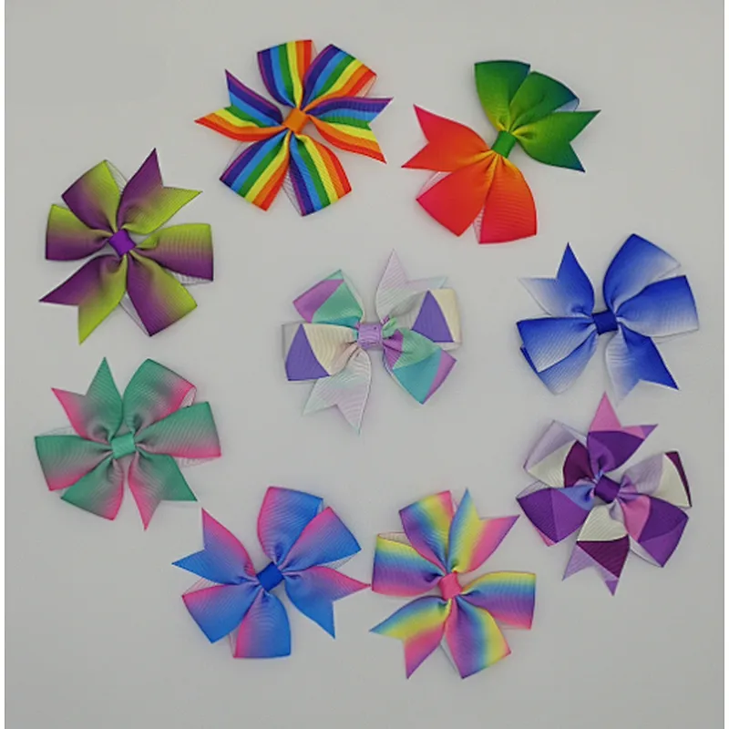 Hot selling printing gradient rainbow stripes fishtail bow hairpin children's hair accessories