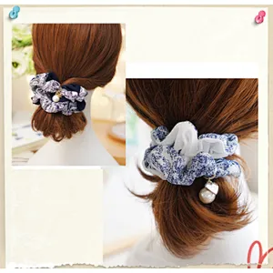 Korea's new blue and white porcelain chiffon fabric head flower of the pearl large intestine hair ring