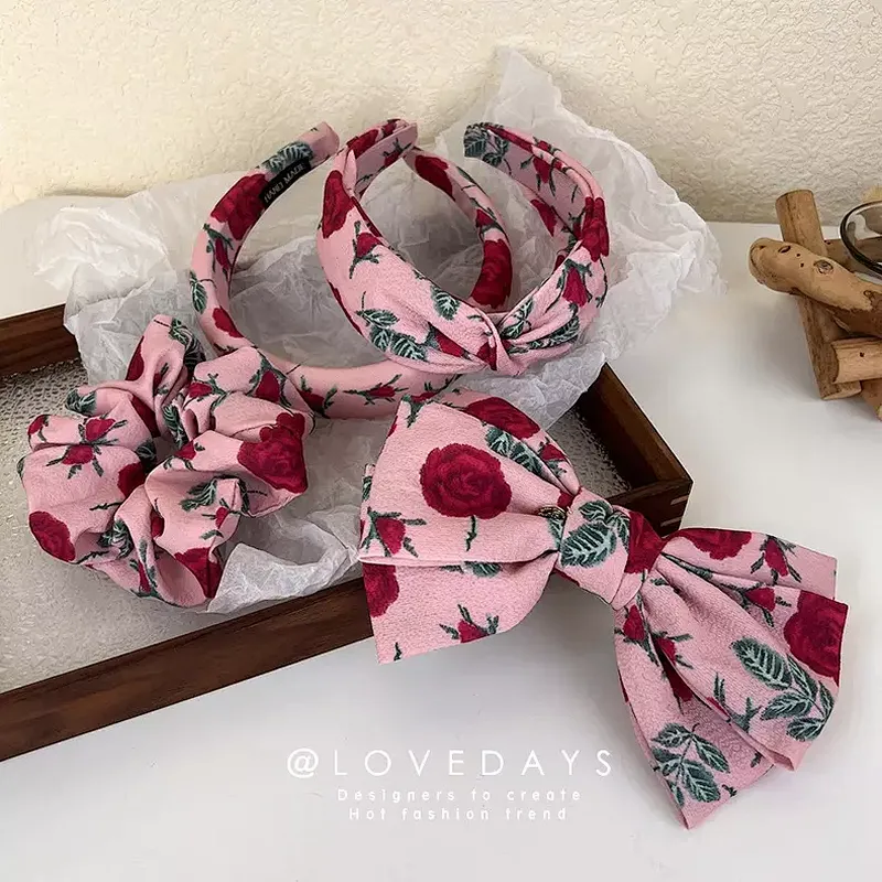 Autumn And Winter French Retro Fabric Rose Intestine Ring Scrunchies Bow French Barrtte Hair Accessories Headband Hairband