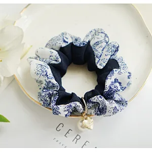 Korea's new blue and white porcelain chiffon fabric head flower of the pearl large intestine hair ring