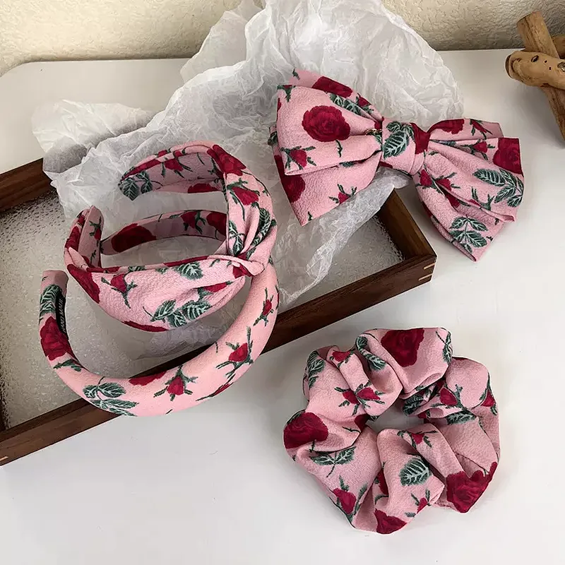 Autumn And Winter French Retro Fabric Rose Intestine Ring Scrunchies Bow French Barrtte Hair Accessories Headband Hairband