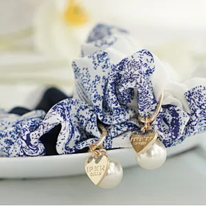 Korea's new blue and white porcelain chiffon fabric head flower of the pearl large intestine hair ring